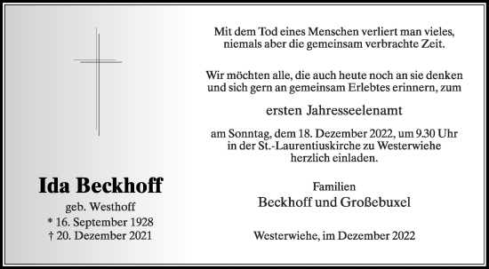 Traueranzeige von Ida BeckhoffFamilien von Die Glocke