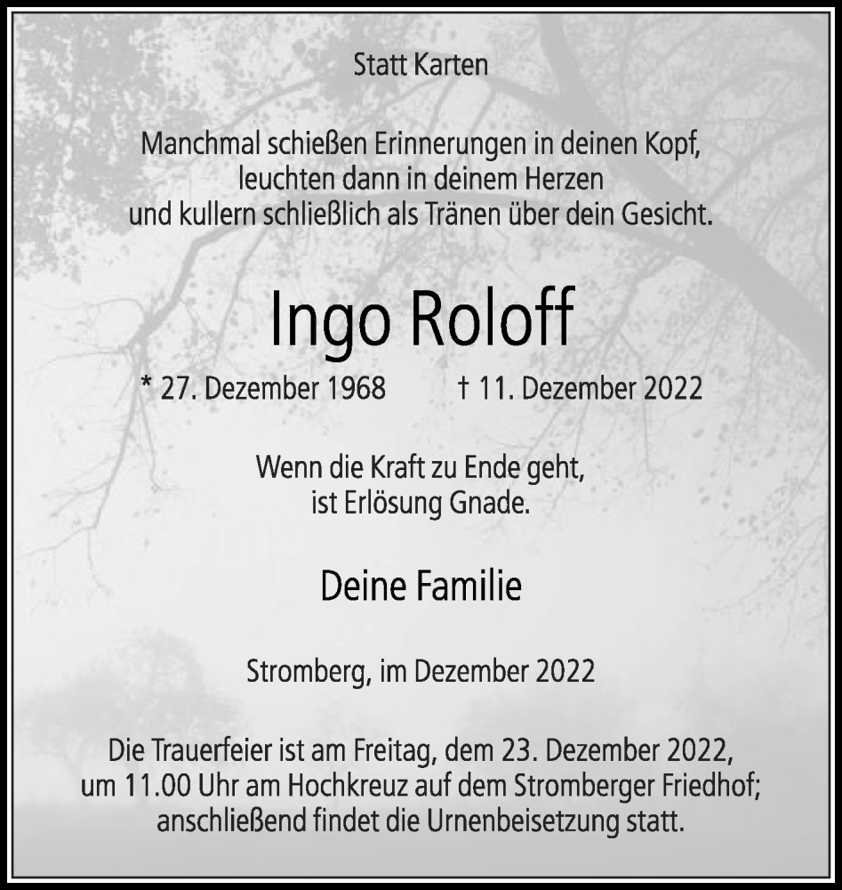  Traueranzeige für Ingo Roloff vom 17.12.2022 aus Die Glocke
