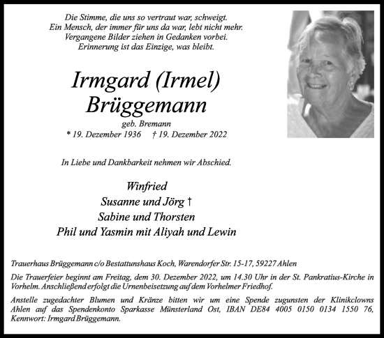 Traueranzeige von Irmgard Brüggemann von Die Glocke