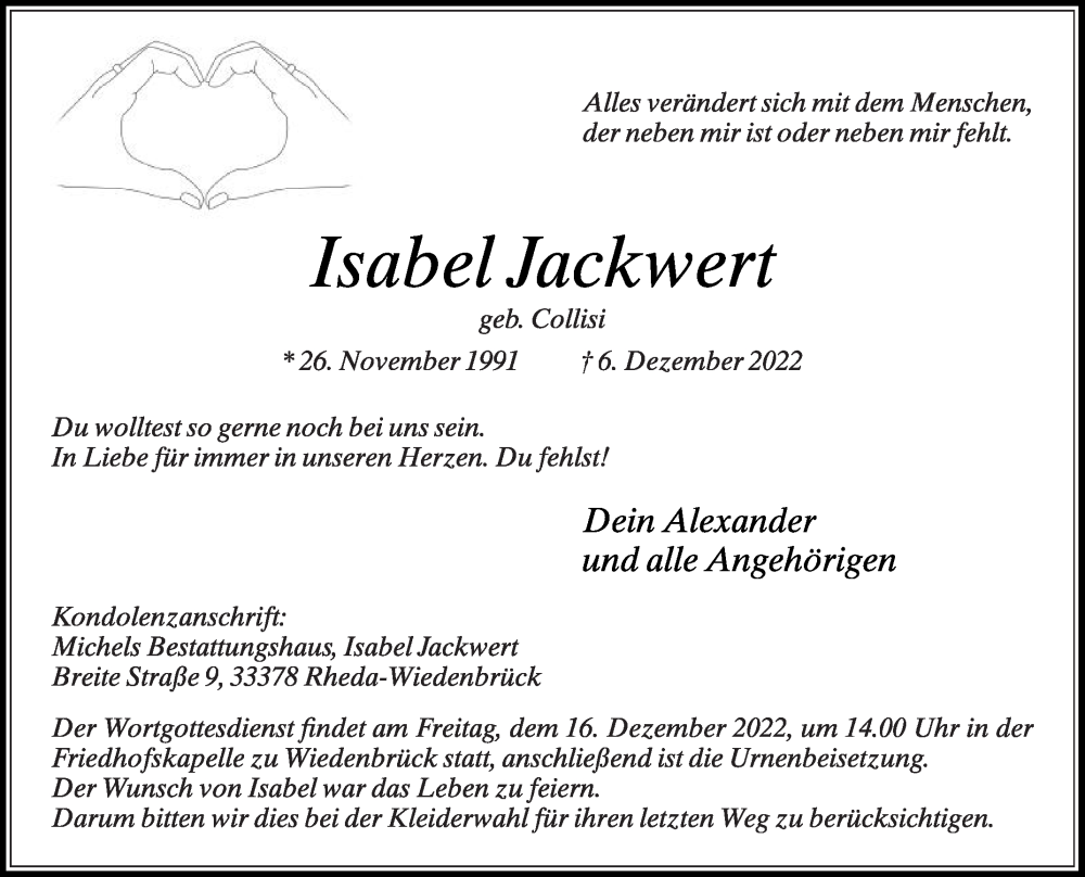  Traueranzeige für Isabel Jackwert vom 10.12.2022 aus Die Glocke