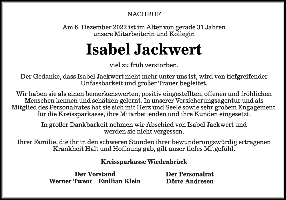 Traueranzeige für Isabel Jackwert vom 13.12.2022 aus Die Glocke