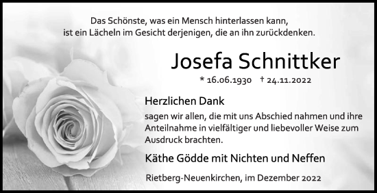 Traueranzeige von Josefa Schnittker von Die Glocke