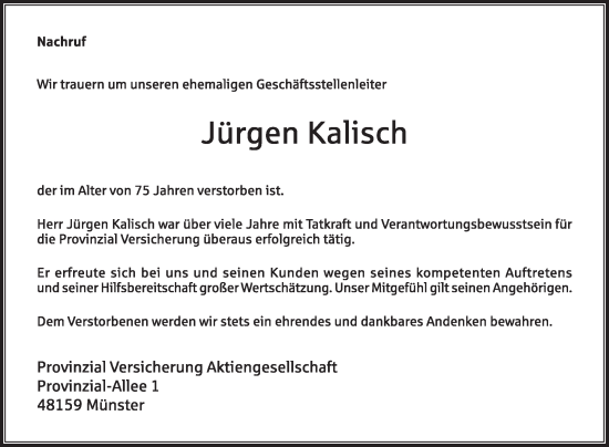 Traueranzeige von Jürgen Kalisch von Die Glocke