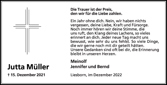 Traueranzeige von Jutta Müller von Die Glocke