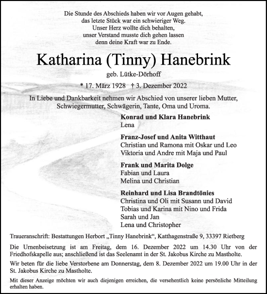 Traueranzeige von Katharina Hanebrink von Die Glocke