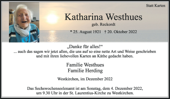 Traueranzeige von Katharina Westhues von Die Glocke