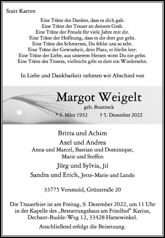 Traueranzeige von Margot Weigelt von Die Glocke