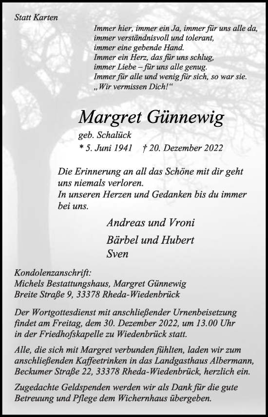 Traueranzeige von Margret Günnewig von Die Glocke