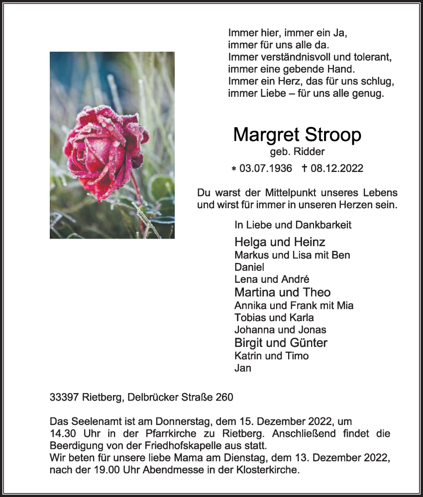  Traueranzeige für Margret Stroop vom 10.12.2022 aus Die Glocke