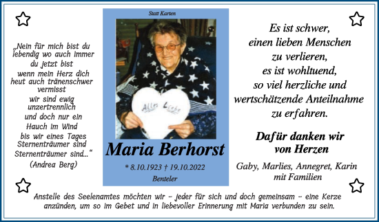 Traueranzeige von Maria Berhorst von Die Glocke