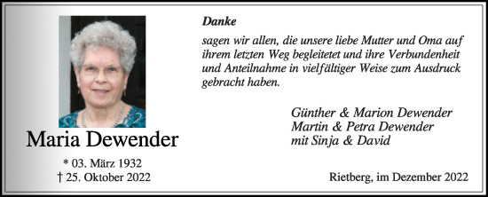 Traueranzeige von Maria Dewender von Die Glocke