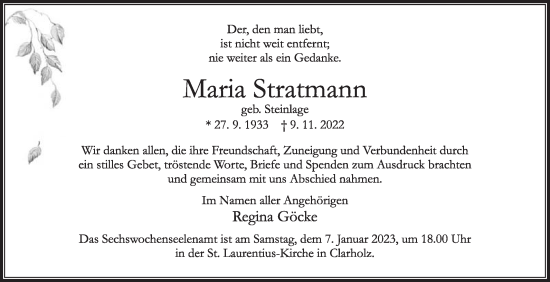 Traueranzeige von Maria Stratmann von Die Glocke