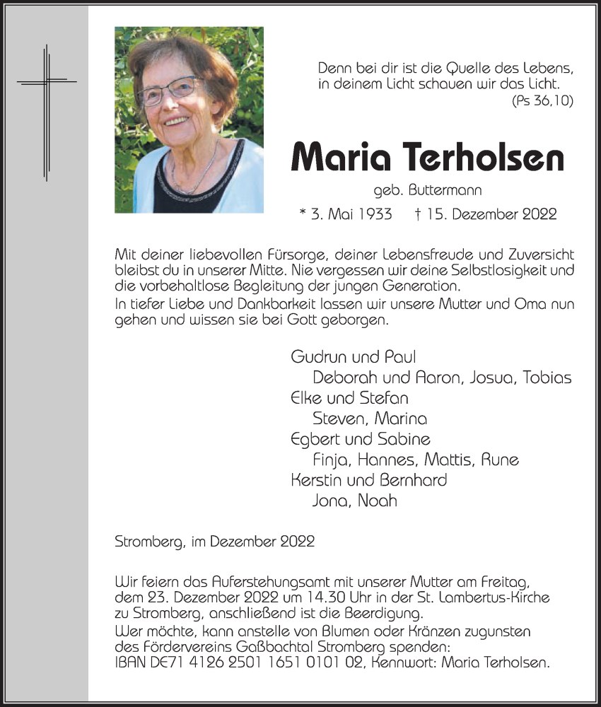  Traueranzeige für Maria Terholsen vom 21.12.2022 aus Die Glocke