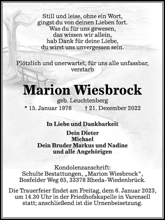 Traueranzeige von Marion Wiesbrock von Die Glocke