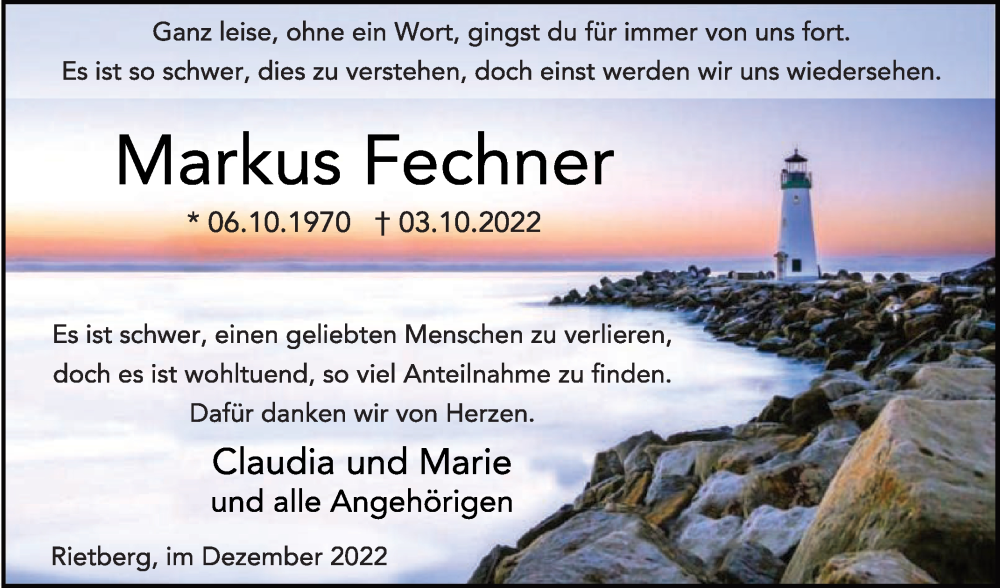  Traueranzeige für Markus Fechner vom 03.12.2022 aus Die Glocke