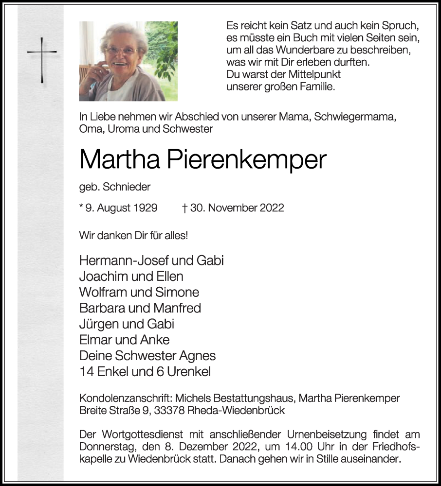  Traueranzeige für Martha Pierenkemper vom 03.12.2022 aus Die Glocke