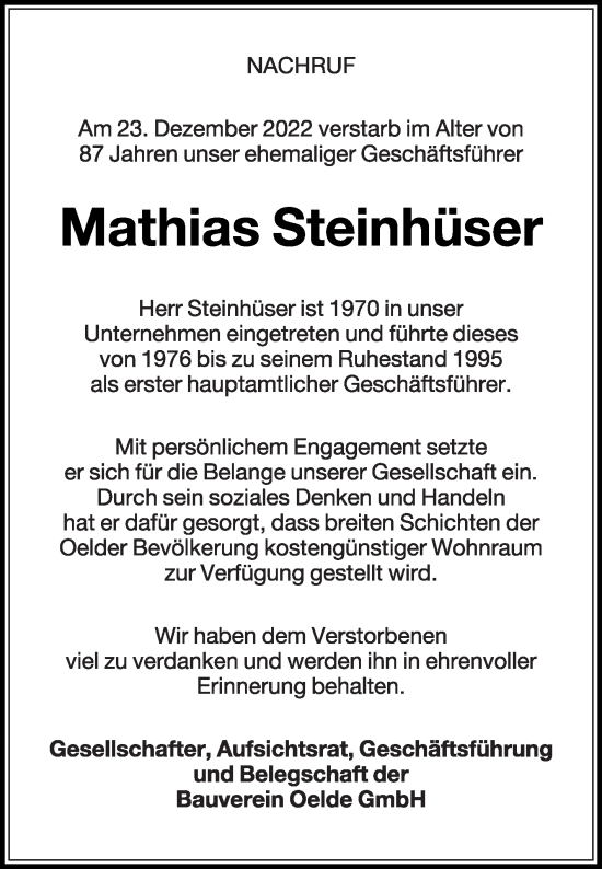 Traueranzeige von Mathias Steinhüser von Die Glocke