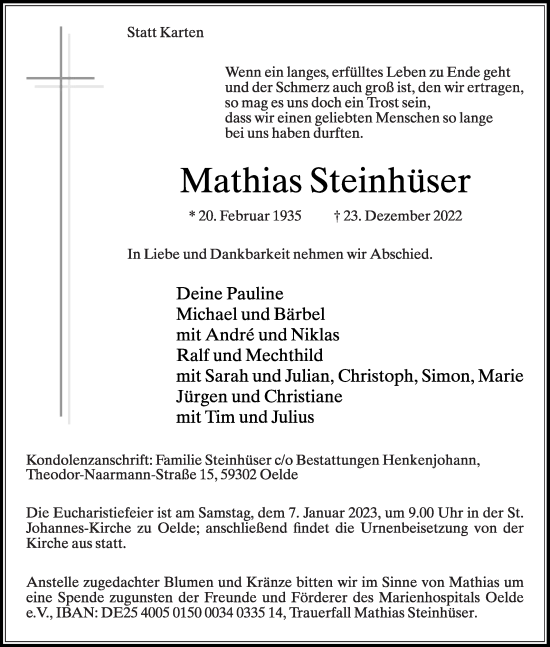 Traueranzeige von Mathias Steinhüser von Die Glocke