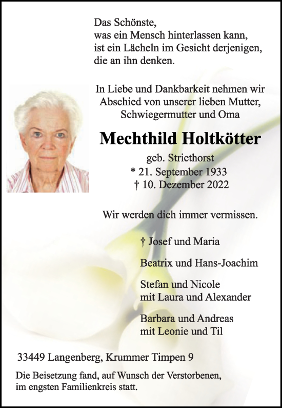 Traueranzeige von Mechthild Holtkötter von Die Glocke