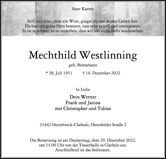 Traueranzeige von Mechthild Westlinning von Die Glocke