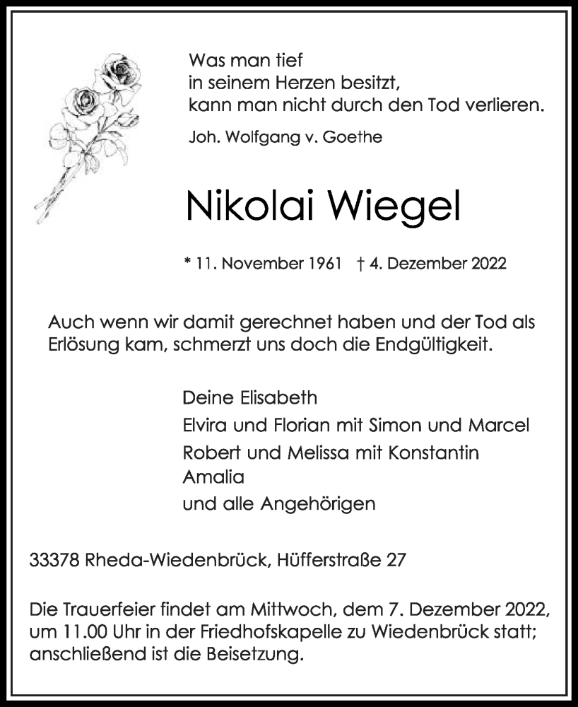  Traueranzeige für Nikolai Wiegel vom 05.12.2022 aus Die Glocke