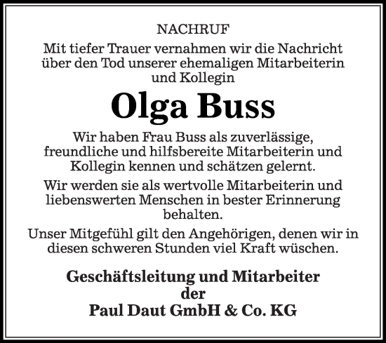 Traueranzeige von Olga Buss von Die Glocke