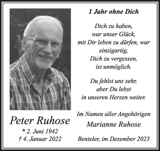 Traueranzeige von Peter Ruhose von Die Glocke