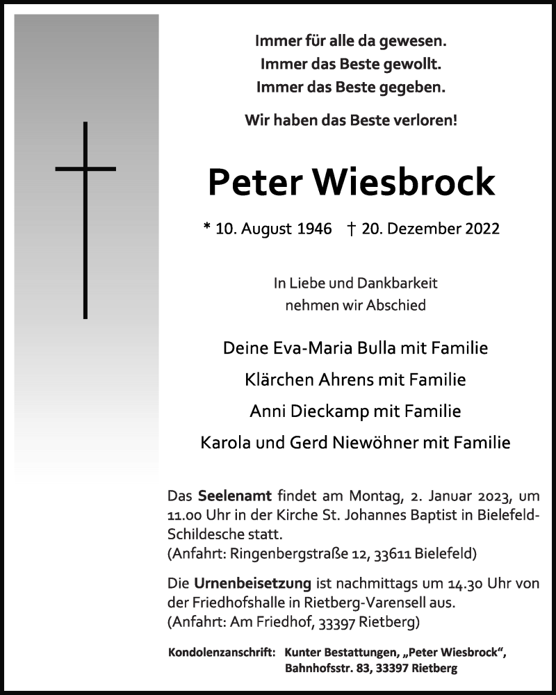  Traueranzeige für Peter Wiesbrock vom 28.12.2022 aus Die Glocke