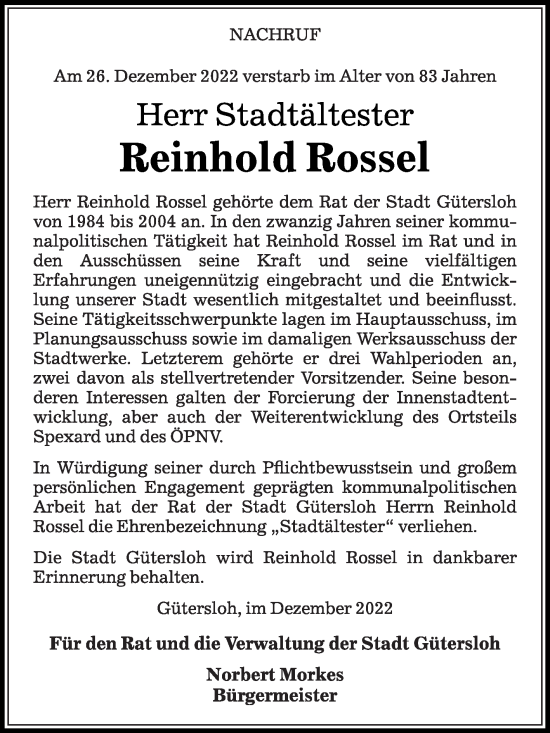 Traueranzeige von Reinhold Rossel von Die Glocke