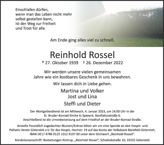 Traueranzeige von Reinhold Rossel von Die Glocke