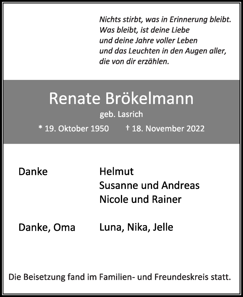  Traueranzeige für Renate Brökelmann vom 03.12.2022 aus Die Glocke