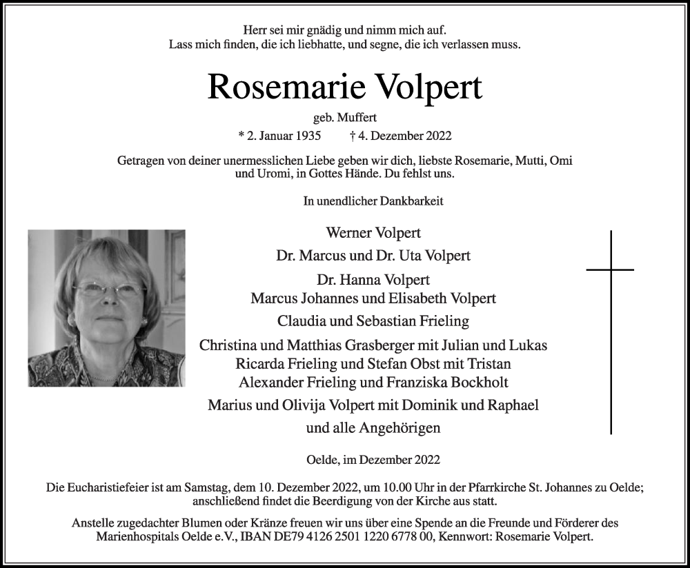 Traueranzeige für Rosemarie Volpert vom 07.12.2022 aus Die Glocke