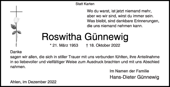 Traueranzeige von Roswitha Günnewig von Die Glocke