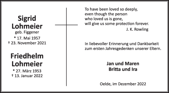 Traueranzeige von Sigrid Lohmeier von Die Glocke