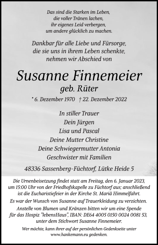 Traueranzeige von Susanne Finnemeier von Die Glocke