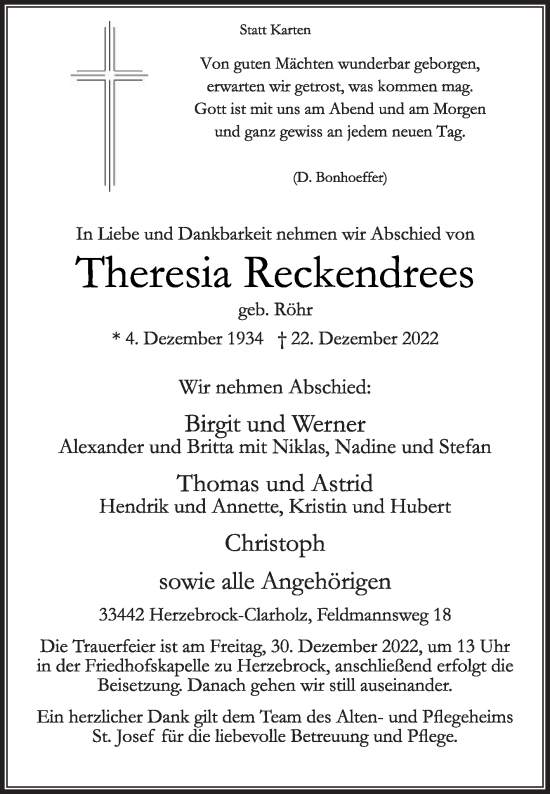 Traueranzeige von Theresia Reckendrees von Die Glocke