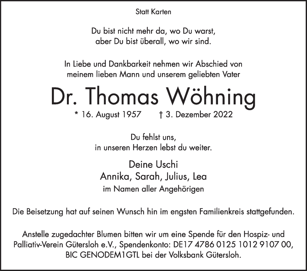  Traueranzeige für Thomas Wöhning vom 10.12.2022 aus Die Glocke