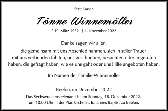 Traueranzeige von Tönne Winnemöller von Die Glocke