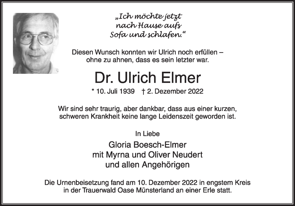  Traueranzeige für Ulrich Elmer vom 17.12.2022 aus Die Glocke