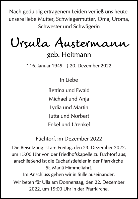 Traueranzeige von Ursula Austermann von Die Glocke