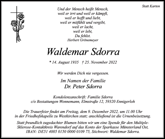 Traueranzeige von Waldemar Sdorra von Die Glocke