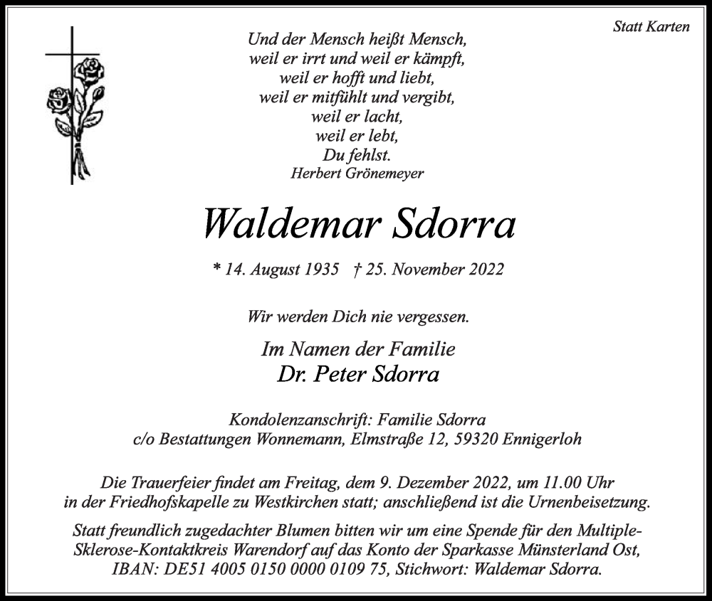  Traueranzeige für Waldemar Sdorra vom 03.12.2022 aus Die Glocke