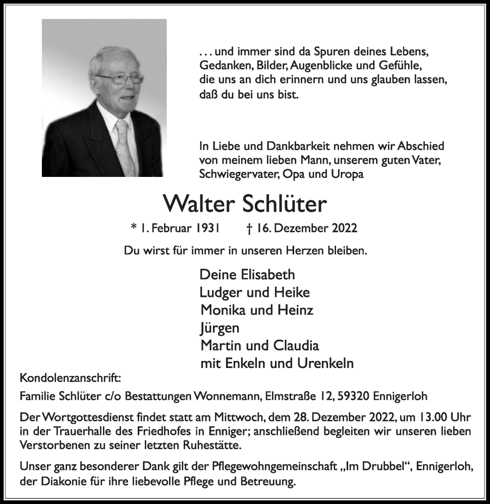  Traueranzeige für Walter Schlüter vom 24.12.2022 aus Die Glocke