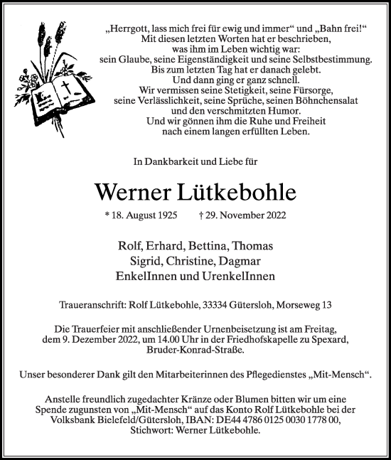 Traueranzeige von Werner Lütkebohle von Die Glocke