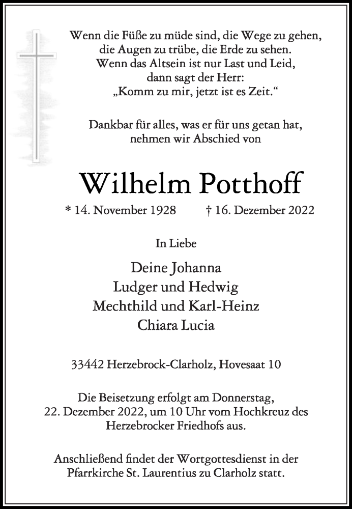  Traueranzeige für Wilhelm Potthoff vom 20.12.2022 aus Die Glocke