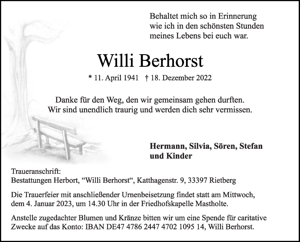  Traueranzeige für Willi Berhorst vom 29.12.2022 aus Die Glocke