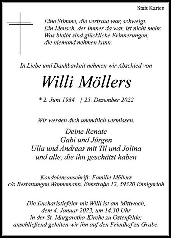 Traueranzeige von Willi Möllers von Die Glocke