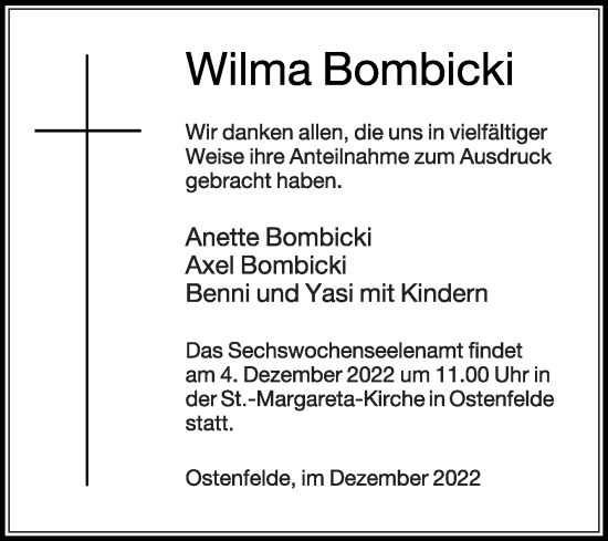 Traueranzeige von Wilma Bombicki von Die Glocke