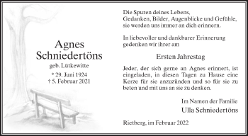 Traueranzeige von Agnes Schniedertöns von Die Glocke