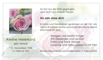 Traueranzeige von Alwine Meierkord von Die Glocke